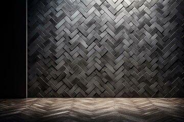 Arrangement of herringbone tiles in a wall shape with polished concrete bricks forming a 3D block background. Generative AI