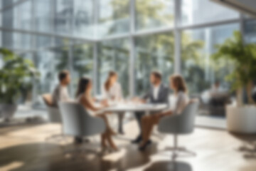 Fototapeta premium Meeting of a professional team, colleagues and employees, in a business office conference room with a discussion of finance and marketing. AI generated