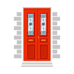 Vintage red front door to house. Vector illustration of entrance doors in flat style