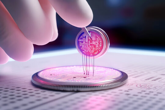 The hands of a scientist in white gloves hold a neurocomputer interface chip, a brain implant chip that expands the capabilities of the human brain