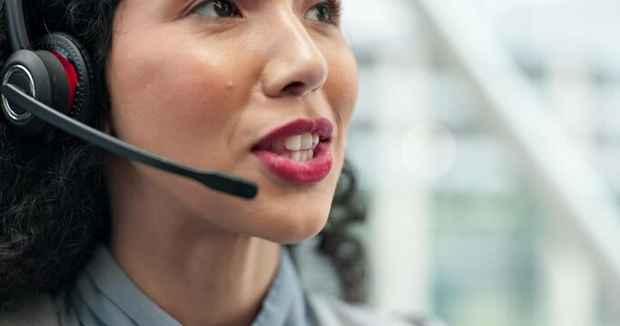Mouth, call center and woman talking for customer service, support and contact us for help. Telemarketing, smile and sales agent, professional or consultant in communication, speaking and crm chat