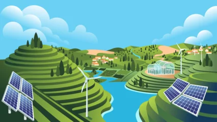 Poster Im Rahmen Utilization of renewable energy for modern agriculture with solar panels, windmills. Green landscape of hills, terraced rice fields, rivers and villages © yisar