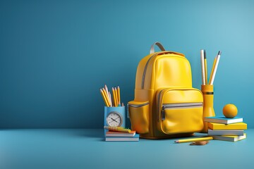 School supplies on a blue background, generated by AI - obrazy, fototapety, plakaty