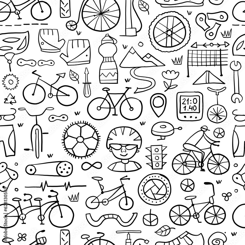 Aufkleber bicycle time. types of bicycles, tools and spare parts. seamless pattern background for your design