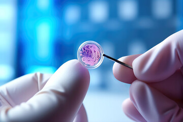 scientist's hands hold a neural computer interface chip, brain implant chip, expanding human brain capabilities