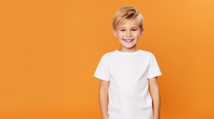 A portrait shot of a blonde little kid wearing a white t-shirt with orange background