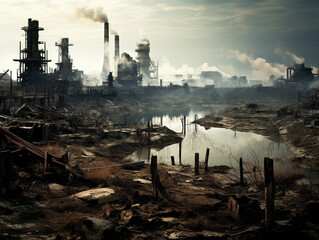 Destroyed factories with smoking pipes with gray smoke in a dirty city with poor ecology