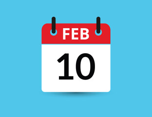 February 10. Flat icon calendar isolated on blue background. Date and month vector illustration