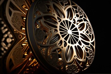 Close-up of a decorative object with side lights, circular interior design, and black background. Generative AI