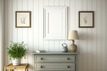Farmhouse living room with commode, light beige wall background, and empty picture frame. 3D rendered illustration. Generative AI