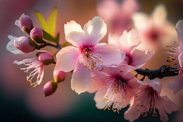 Close-up of pink cherry blossoms, blooming during spring festival. Generative AI