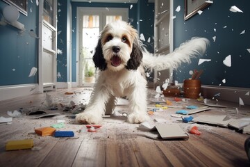a playful hyperactive young dog misbehaving and making a huge mess in a living-room, throwing...