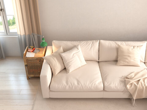 Modern interior of living room with white sofa. 3d render	