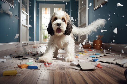 a playful hyperactive young dog misbehaving and making a huge mess in a living-room, throwing around things and shredding paper. Studio light. Generative AI technology