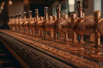 Rotating beer taps arranged on a copper pipe bridge. Generative AI