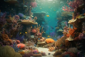 Illustration of a cartoon scene with fish in a majestic underwater coral reef, designed for children. Generative AI