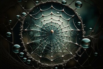 A spiderweb with hexagonal symmetry and droplets. Generative AI