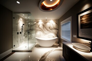 Modern bathroom featuring standalone tub, sizable shower, and eye-catching lighting. Generative AI
