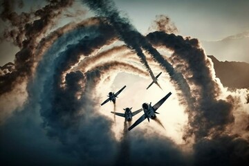 Aerial performance of planes with smoke. Generative AI - obrazy, fototapety, plakaty