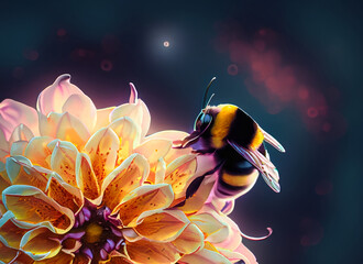 Premium Honey bee sits on a flower and collects nectar. Close-up of a working insect. Seasonal background surrounded by the beautiful light of the rising sun , AI