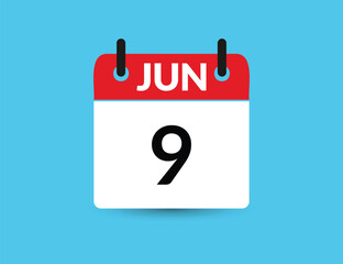 June 9. Flat icon calendar isolated on blue background. Date and month vector illustration