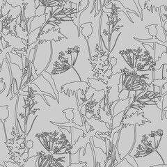 Seamless floral pattern with black flowers and leaves. Gray background. Line graphics.
