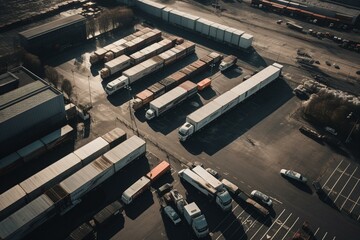Aerial view shows no trucks at loading docks. Generative AI