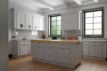 Fototapeta na wymiar Modern interior of kitchen with living room. 3d render 