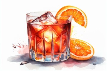 Watercolor illustration of negroni cocktail with orange on white. Generative AI