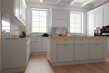 Modern interior of kitchen with living room. 3d render	