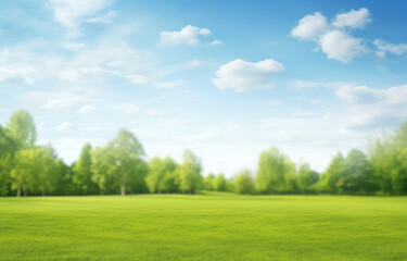 a sunny green field with sky background with trees, in the style of blurred, shaped canvas, modern, tranquil gardenscapes, landscape-focused, light-filled - obrazy, fototapety, plakaty