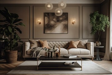 Luxurious living room with beige sofa, botanical accents, coffee table & more. Generative AI