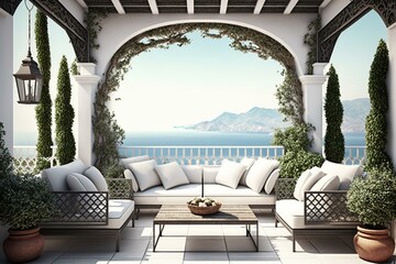 Obraz na płótnie Canvas Outdoor sofa on terrace with sea view in modern villa. Cozy patio with garden. 3D rendering. Generative AI