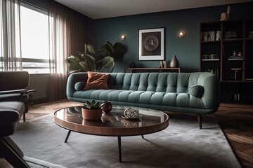 Modern living room with a chic couch -. Generative AI