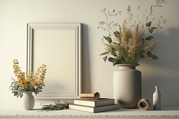 Poster mock-up with flowers, books, and vases on a wooden table against a white plaster wall; stylish landscape frame; 3D rendering. Generative AI - obrazy, fototapety, plakaty