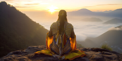 An inspiring Indigenous transgender individual meditates at sunrise atop a mountain, embodying diversity and spiritual awakening. Generative AI