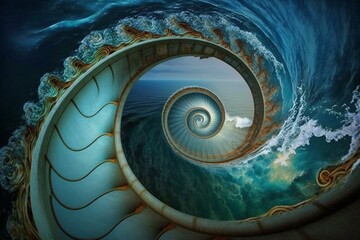Oceanic spiral staircase reaching skyward. Generative AI