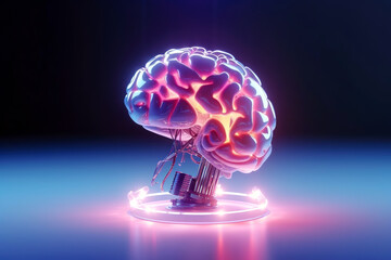 Glowing pink neon Ai brain with chips and microcircuits. Creative. on dark black blue background