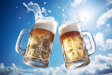 2つのビールジョッキの乾杯、無人の青空の背景