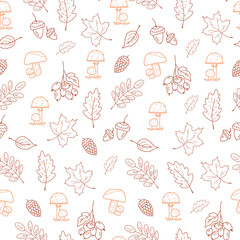 seamless pattern. autumn leaves, mushrooms, cones. doodle style. simple line. pattern on white background