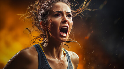 Emotional athletic woman, tears flowing in triumph as she breaches finish line on dynamic action-inspired studio backdrop. Generative AI