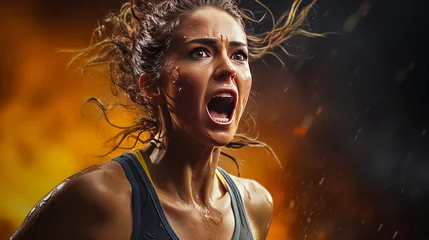 Foto op Plexiglas Emotional athletic woman, tears flowing in triumph as she breaches finish line on dynamic action-inspired studio backdrop. Generative AI © XaMaps