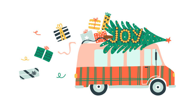 Greeting postcard with retro van. On the roof of caravan Christmas tree and gifts. Christmas truck with signboard lettering joy. Vector illustration for card, cover, t shirt, bag. .