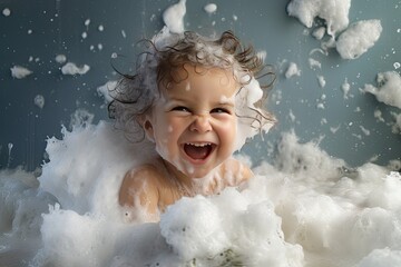 Little boy taking a bath in the tub take bath he plays with bubbles Close-up photo of a happy little boy in bath.