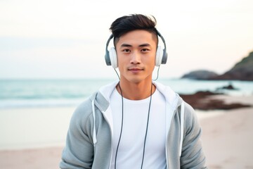 Sporty asian man with earphones on the sea coast