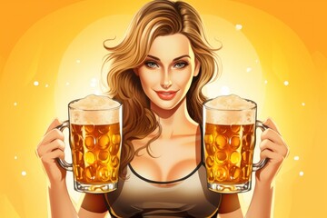 young beautiful waitress with beer. oktoberfest concept. Vector illustration.