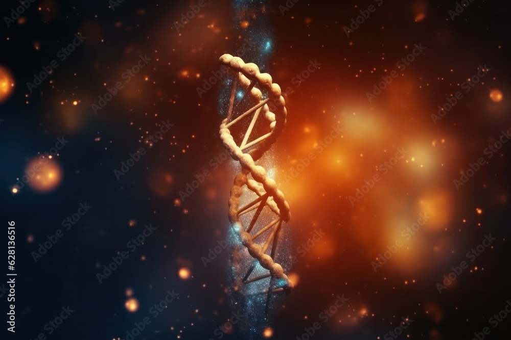 Poster dna helix realistic model on dark background with orange lights genome molecule educative material