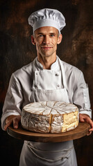 Chef in a white apron holds whole round of cheese. French cheeses, Brie cheese.