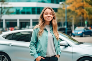 Obraz na płótnie Canvas A happy teenage female standing beside new car, expressing pride and satisfaction in her achievement of obtaining a driver license and new car, symbolizing freedom and independence