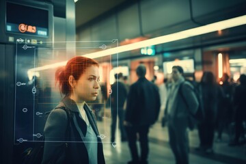 Redhead woman undergoing face recognition procedure standing on city street biometrical detection